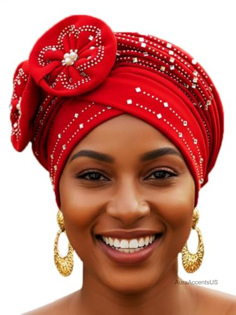 Woeoe Beanie Cap Head Wrap Rhinestones Head Scarf Flower Pearls Twisted Turban